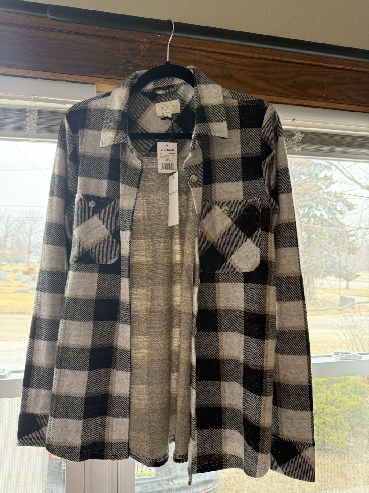 Thread & Supply Plaid Button-Up Shirt Collared Long Sleeve Black Tan Ivory M