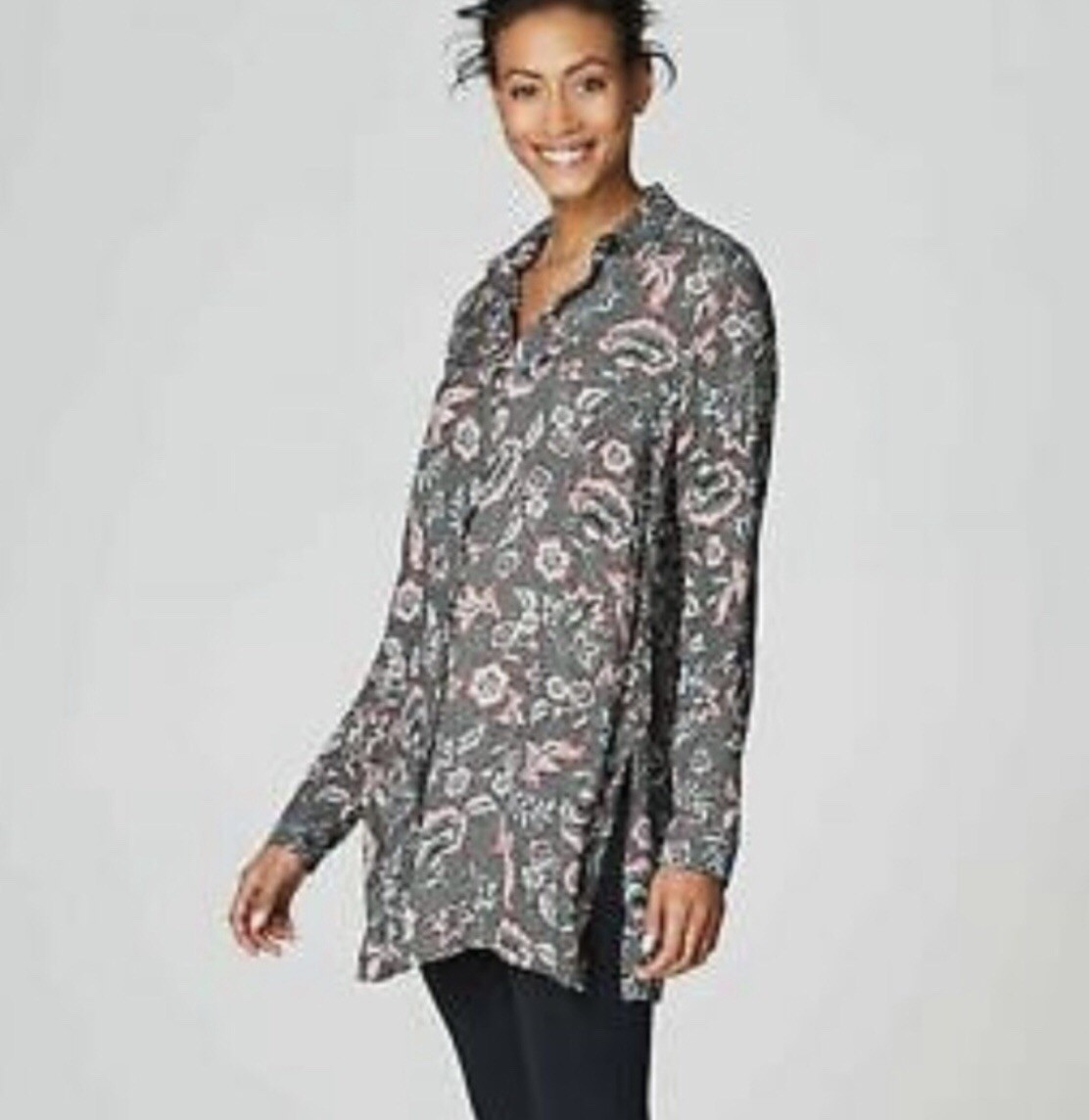 J Jill Marvelflor Floral Button Up Rayon Tunic Blouse Top Long Sleeve XL