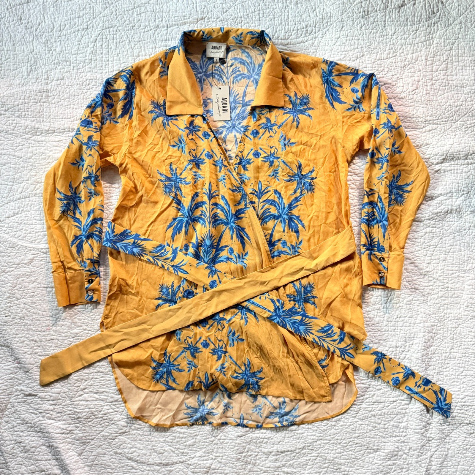 $198 NWT Aquari Yellow Blue Palm Tree Robe Wrap Dress Size S Boho Resort Wear