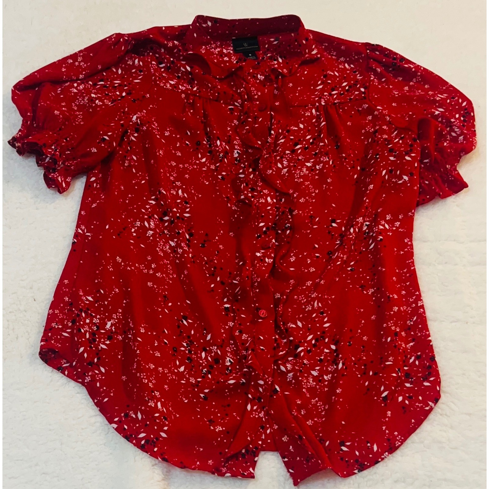 Worthington Red Floral Ruffle Front Short Sleeve Blouse Small Womens Top