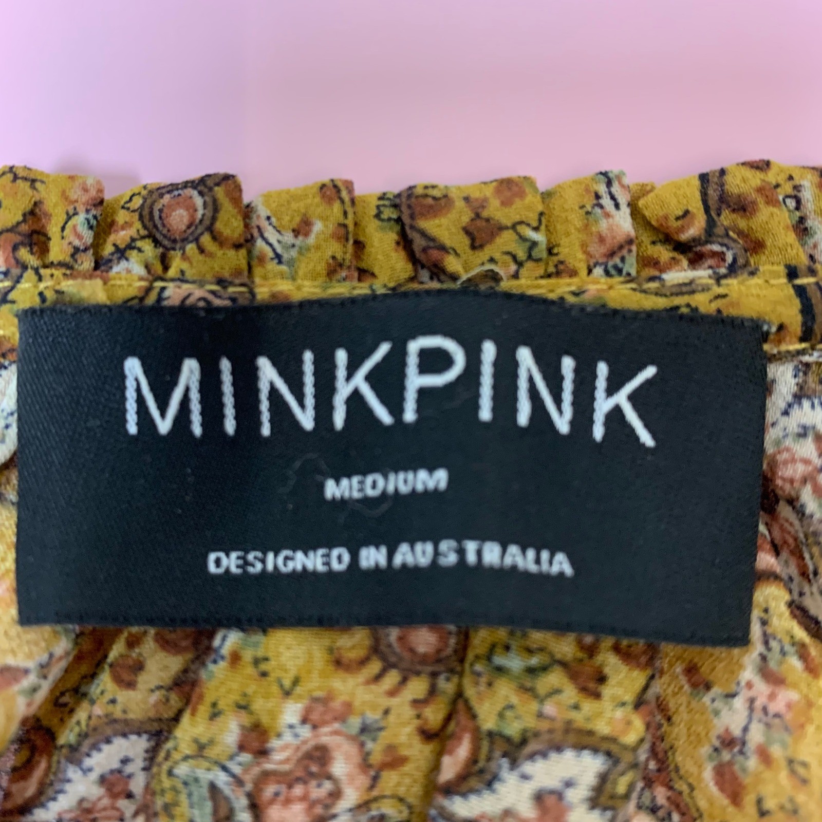 MINKPINK Blouse Womens Medium Mustard Yellow Excellent Paisley Boho Tassel Top