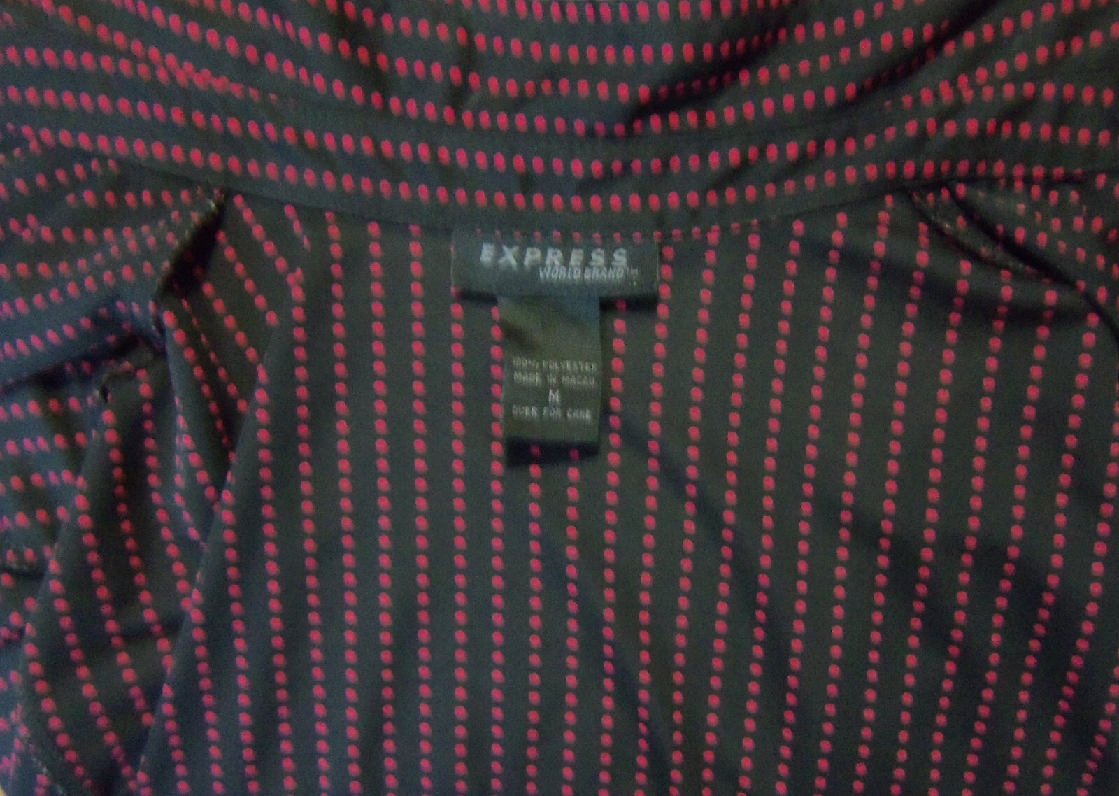 90s/Y2K Express pink dot pattern on black polyester blouse. Sz. M.
