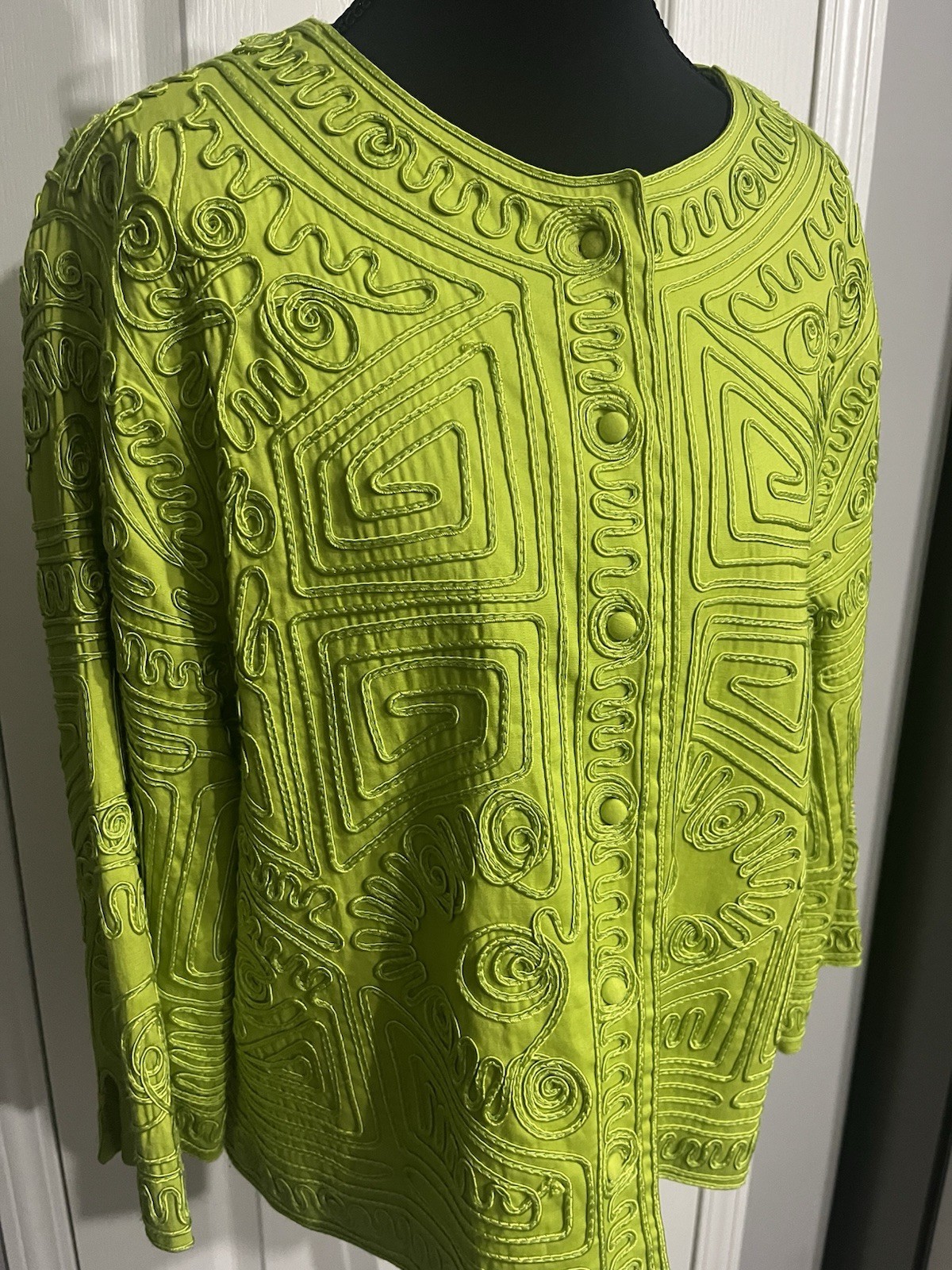 Joni B. Lime Green Textured Embroidered Button Down Jacket Petite Large