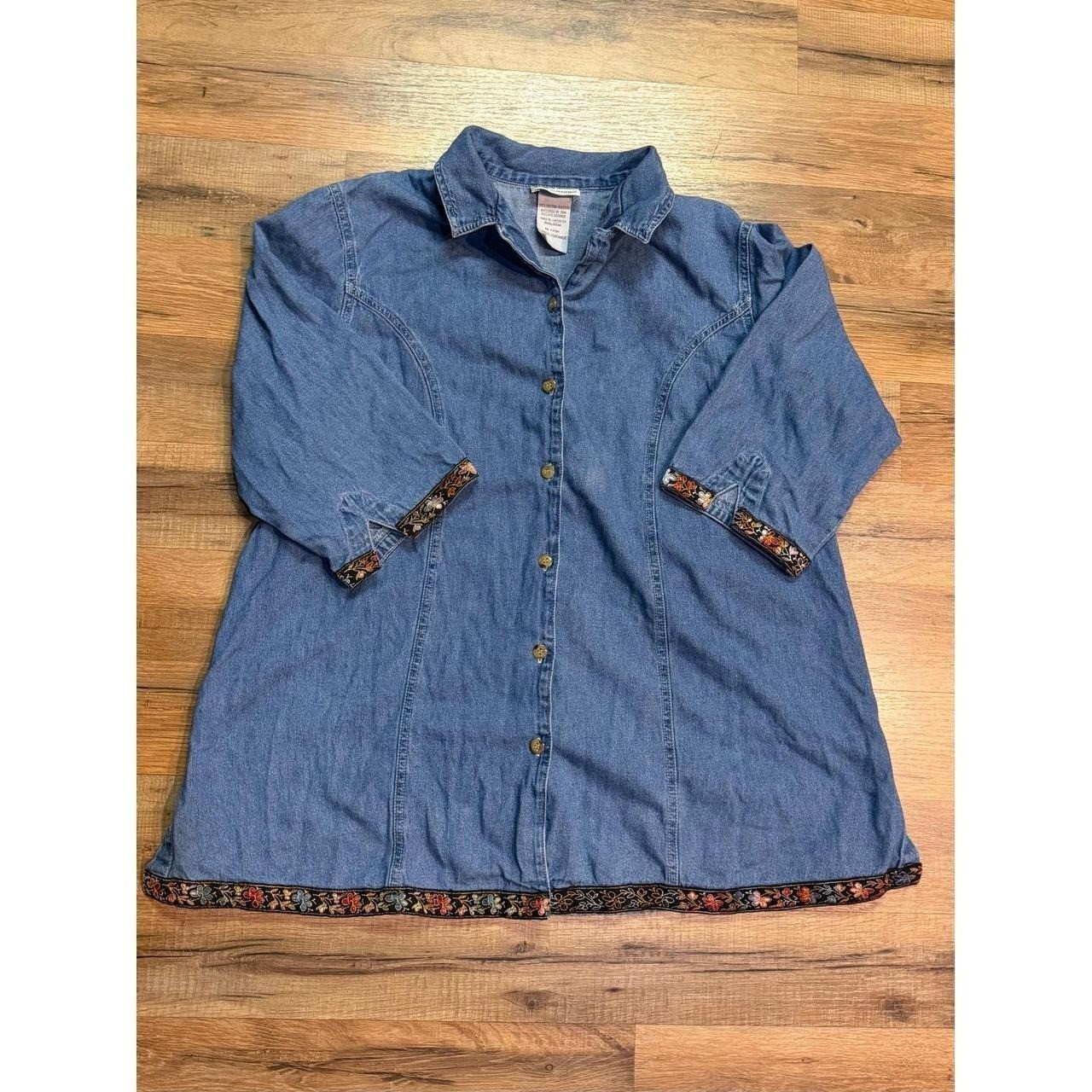 Vintage Oh Mama Denim Hand Embroidered Tunic Button Top 3/4 Sleeve Boho Artsy