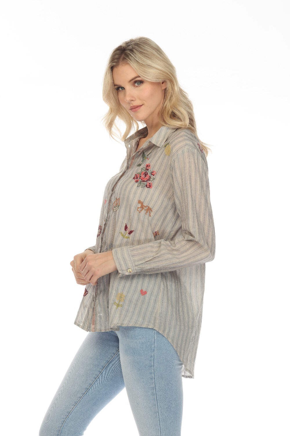 Johnny Was Workshop Alexandria Striped Embroidered Oversized Shirt Boho Chic W15