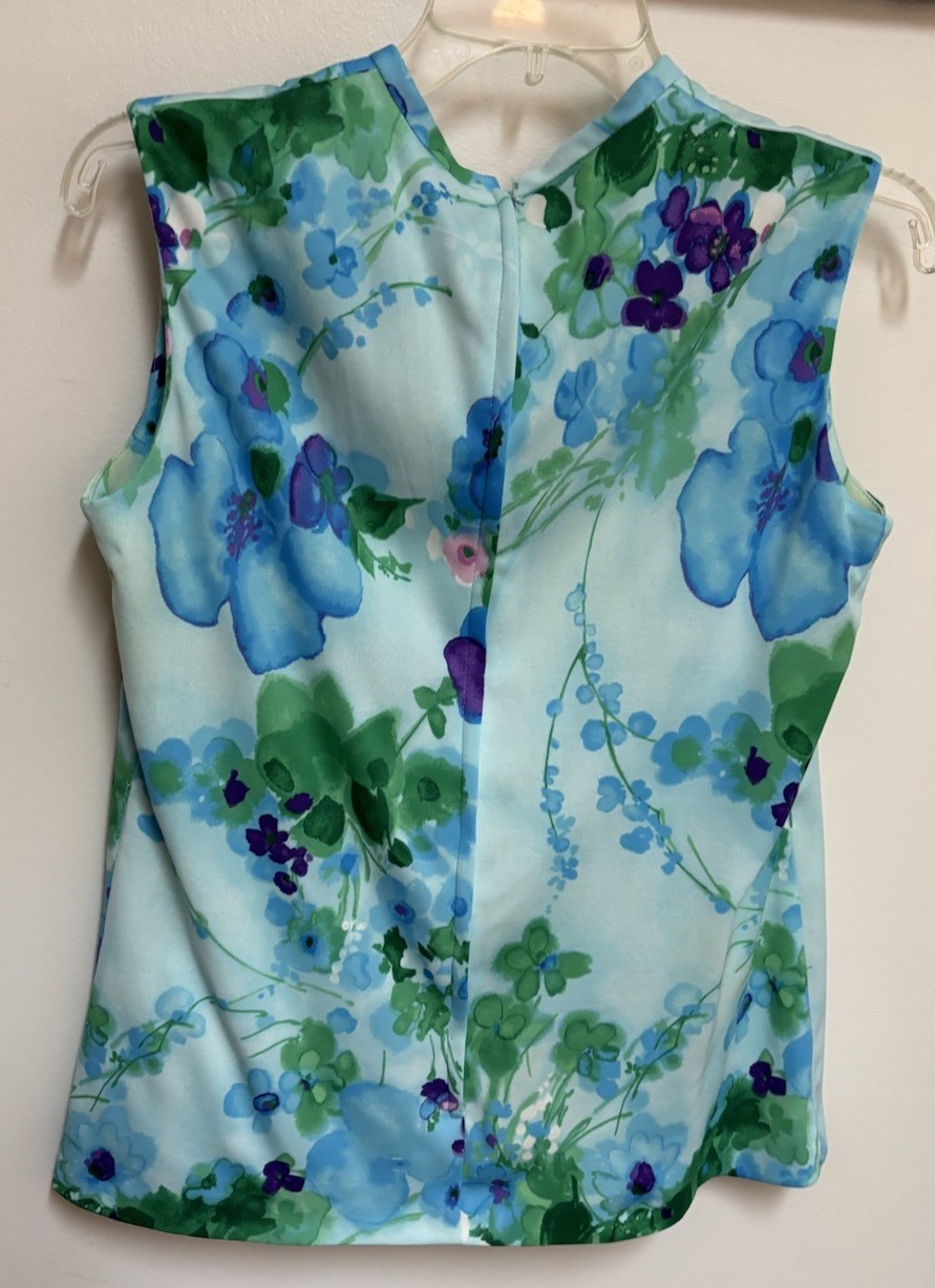 VTG 60’s70’s Woman’s Floral Sleeveless Shirt w/ Belt Retro MCM Mod Medium