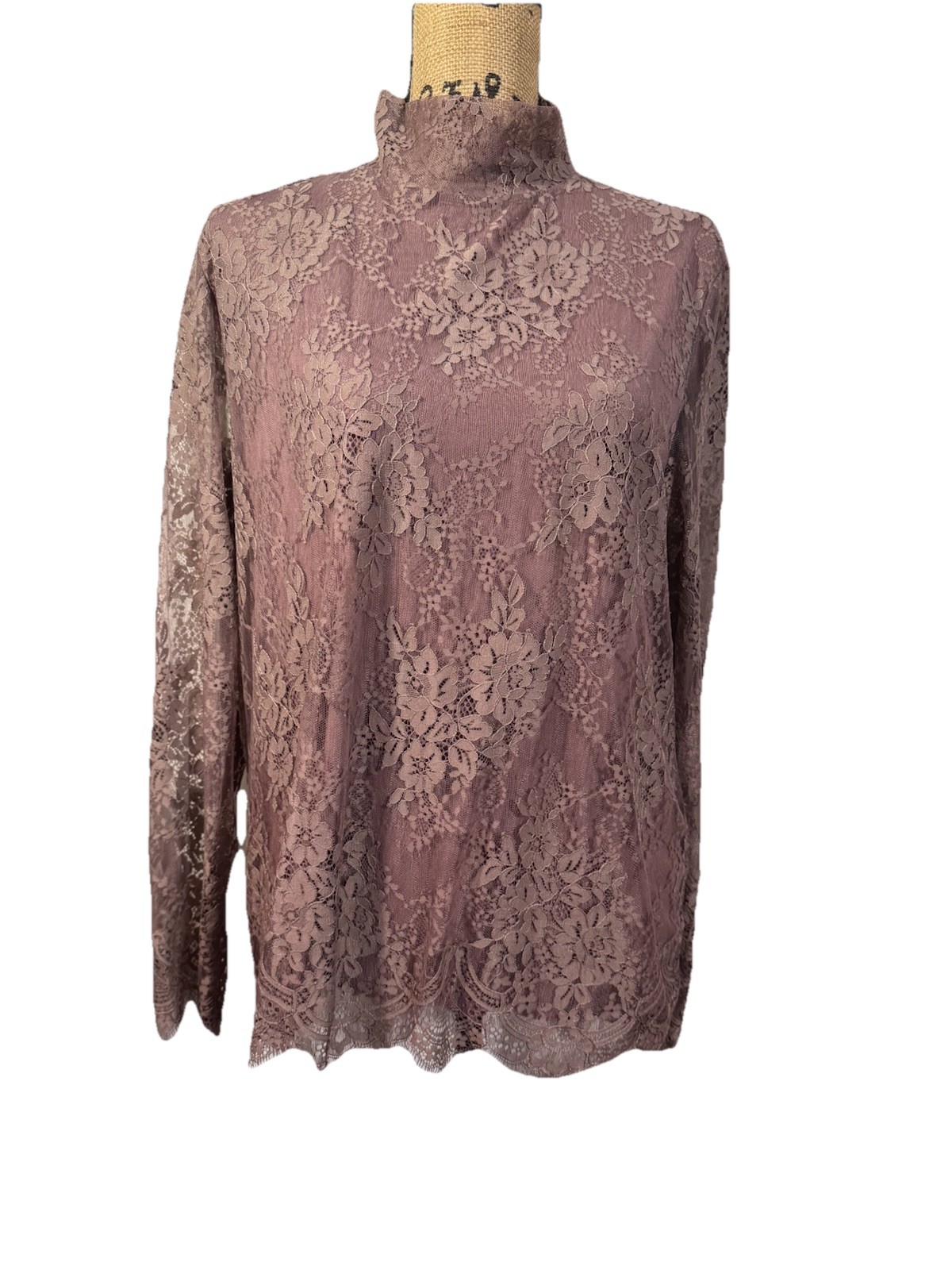 Alex Marie Taupe Lace Overlay Floral Jaquard Blouse Back Button At Neck Large