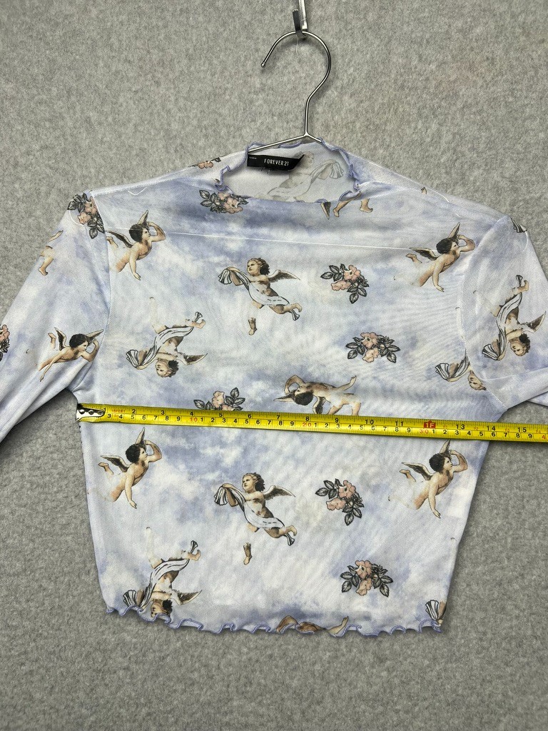 Y2k 90s Forever 21 Sheer Renaissance Cherub Print Long Sleeve Cropped Shirt S*