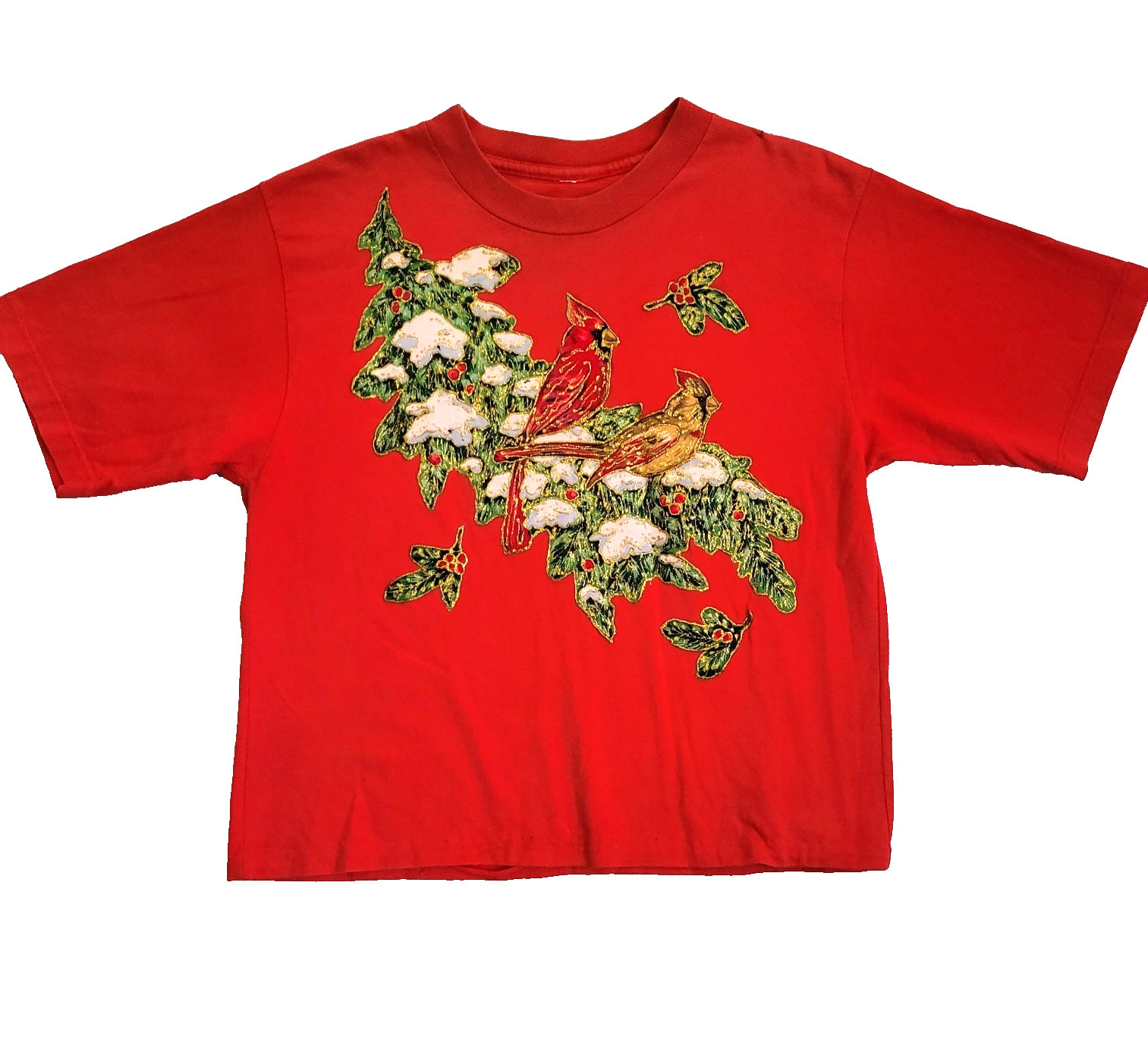 Holiday T-shirt Women Small Cardinal Red Applique Pine Branch Snow Gold Sparkle