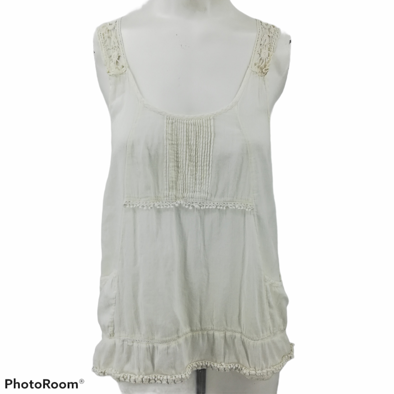 Hippie Laundry Sheer Tank Top Size M Crochet Straps Decorative Back Poms Boho