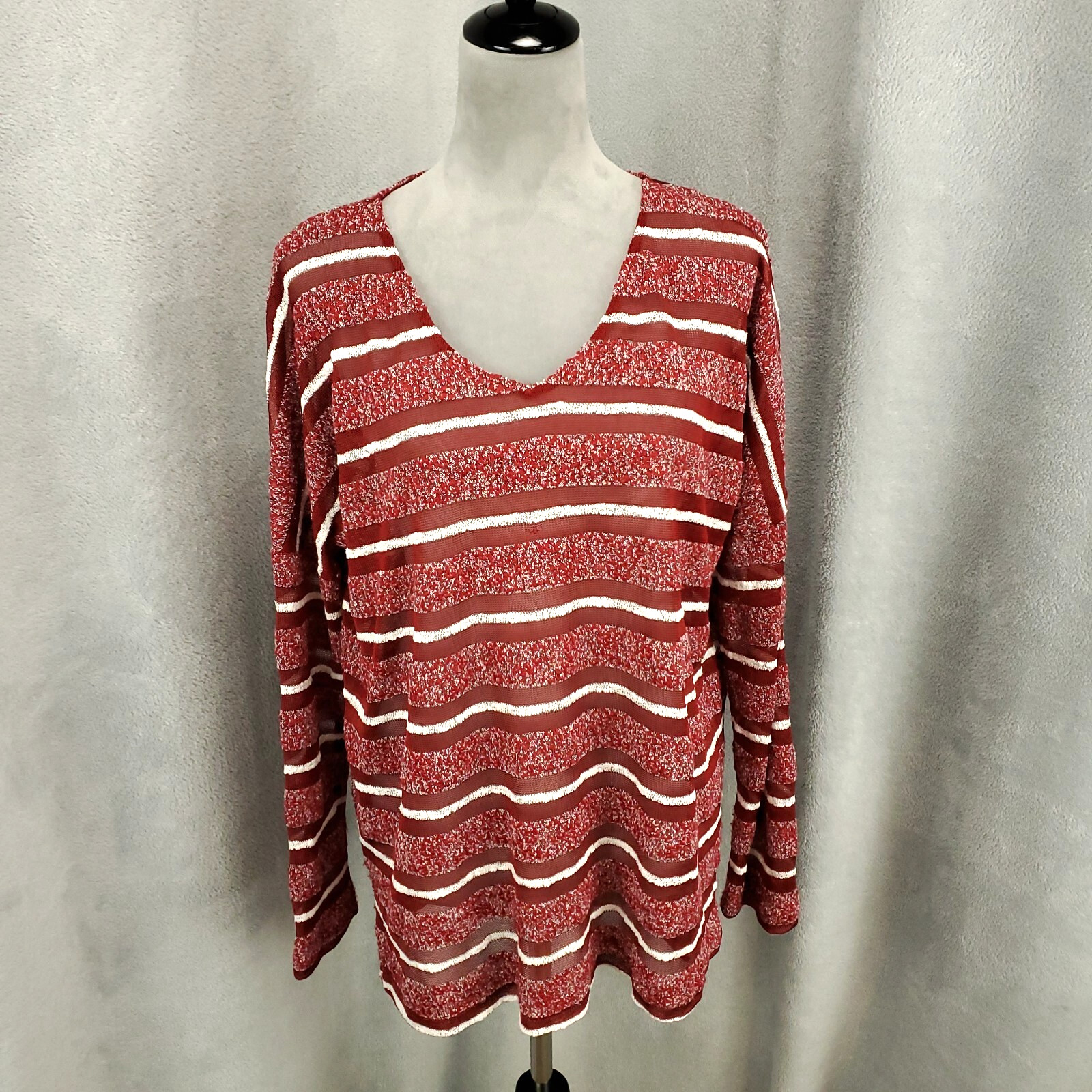 Womens Large Top Red White Striped Mixed Print Knit Speckled Heathered Umgee
