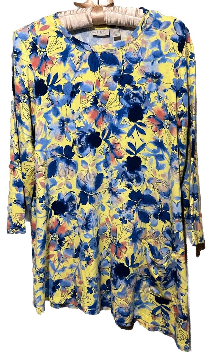 LOGO Top S Yellow Floral Stretch Knit Viscose Spandex Blend Popover Tee Shirt