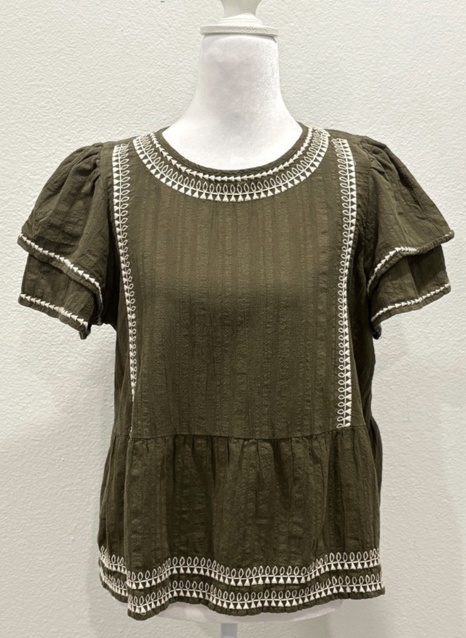 LOFT Blouse Top Size MP Olive Embroidered Flutter Sleeve Peplum Boho Cottagecore