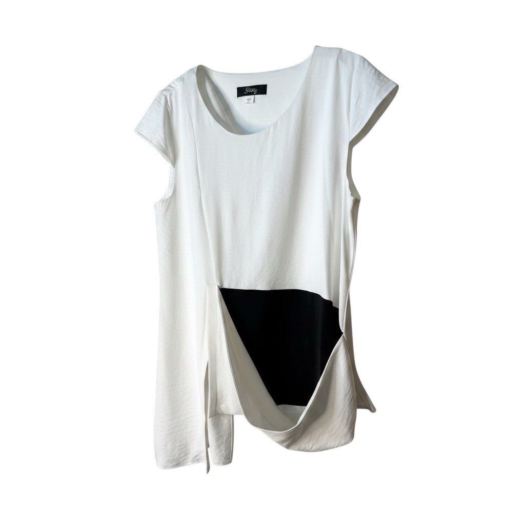 Sassy White Asymmetrical Tunic Top L Black Contrast Pocket Art to Wear NWT