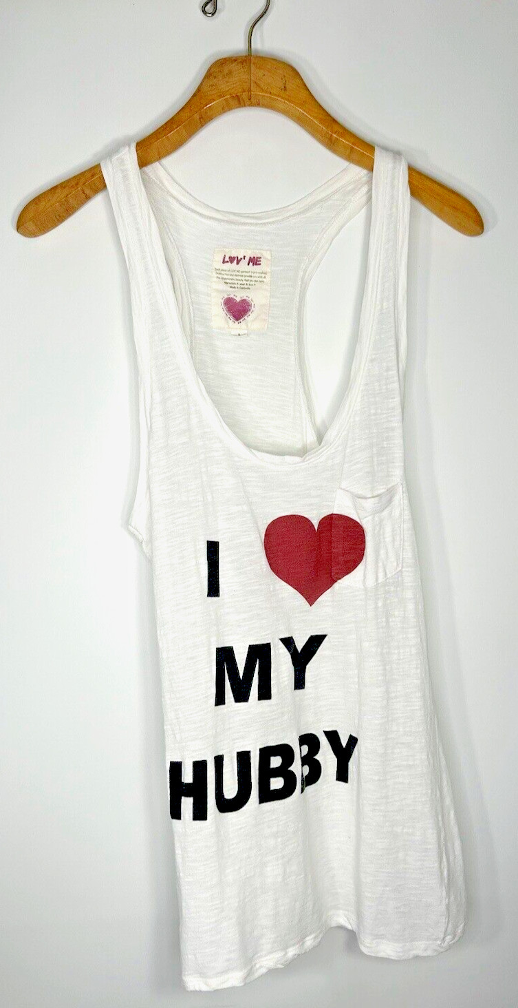 Wife I LOVE MY HUBBY Tank Top Womens Size Large White Racerback Heart Long
