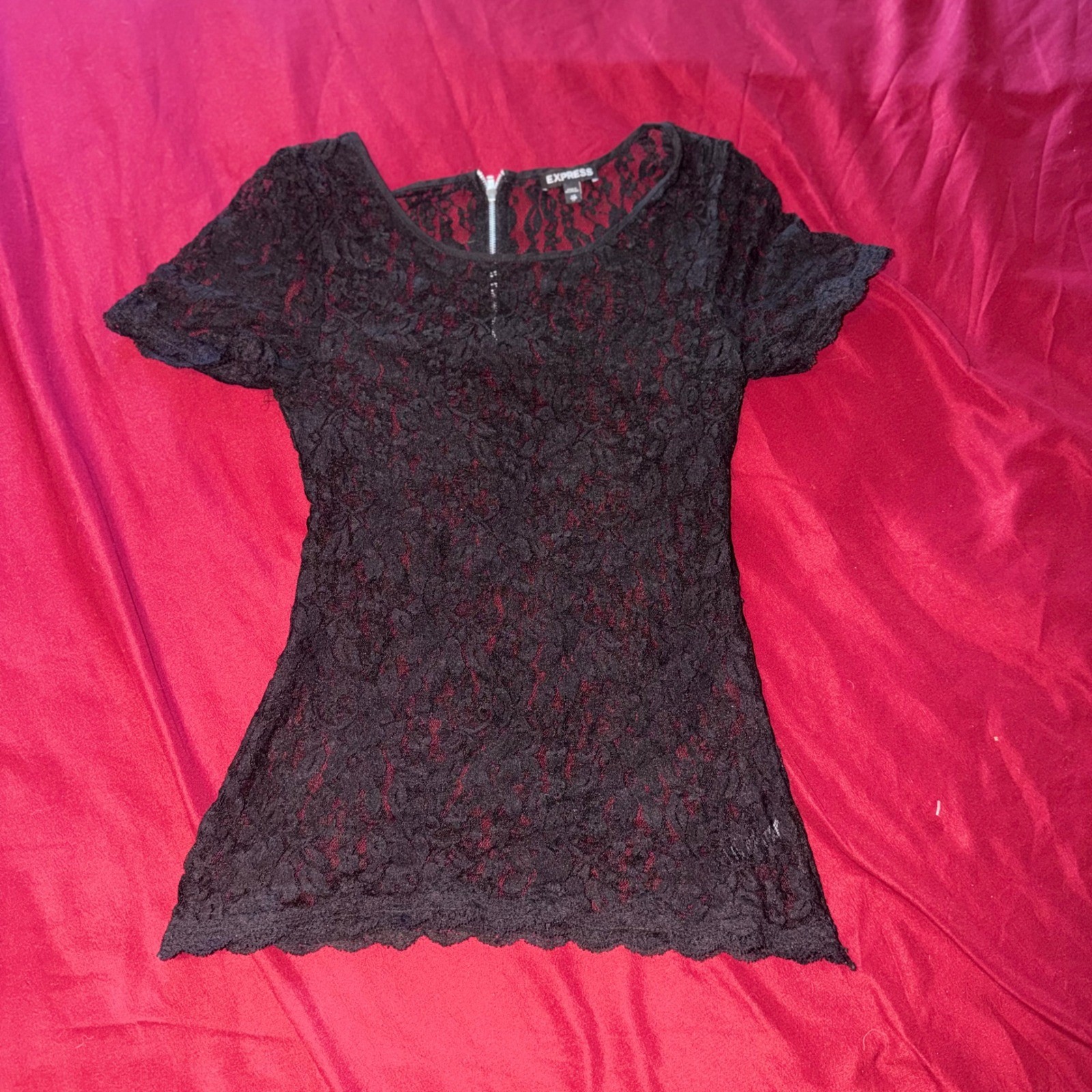 Express Lace Blouse Womens XS Black Sheer Back Zipper Gothic Romantic Coquette