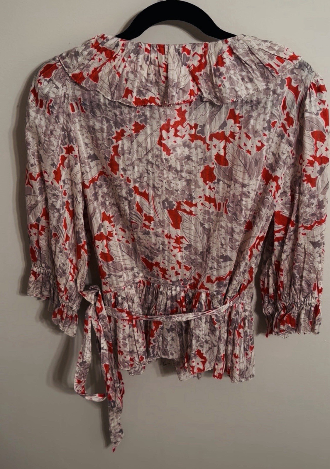 Polo by Ralph Lauren Women’s M Gray Red White Floral Wrap V-Neck Smocked Blouse