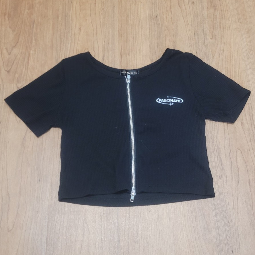 FROM JAPAN Zip Front Cropped Knit Top Zipper Logo Scoop Neck Short Sleeve OS