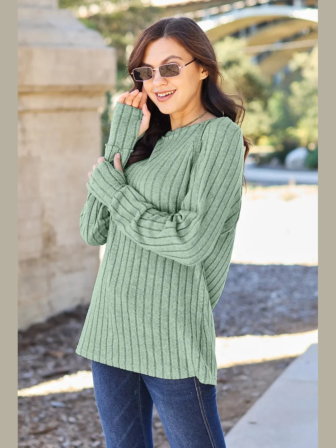 Basic Bae Full Size Ribbed Round Neck Long Sleeve Knit Top