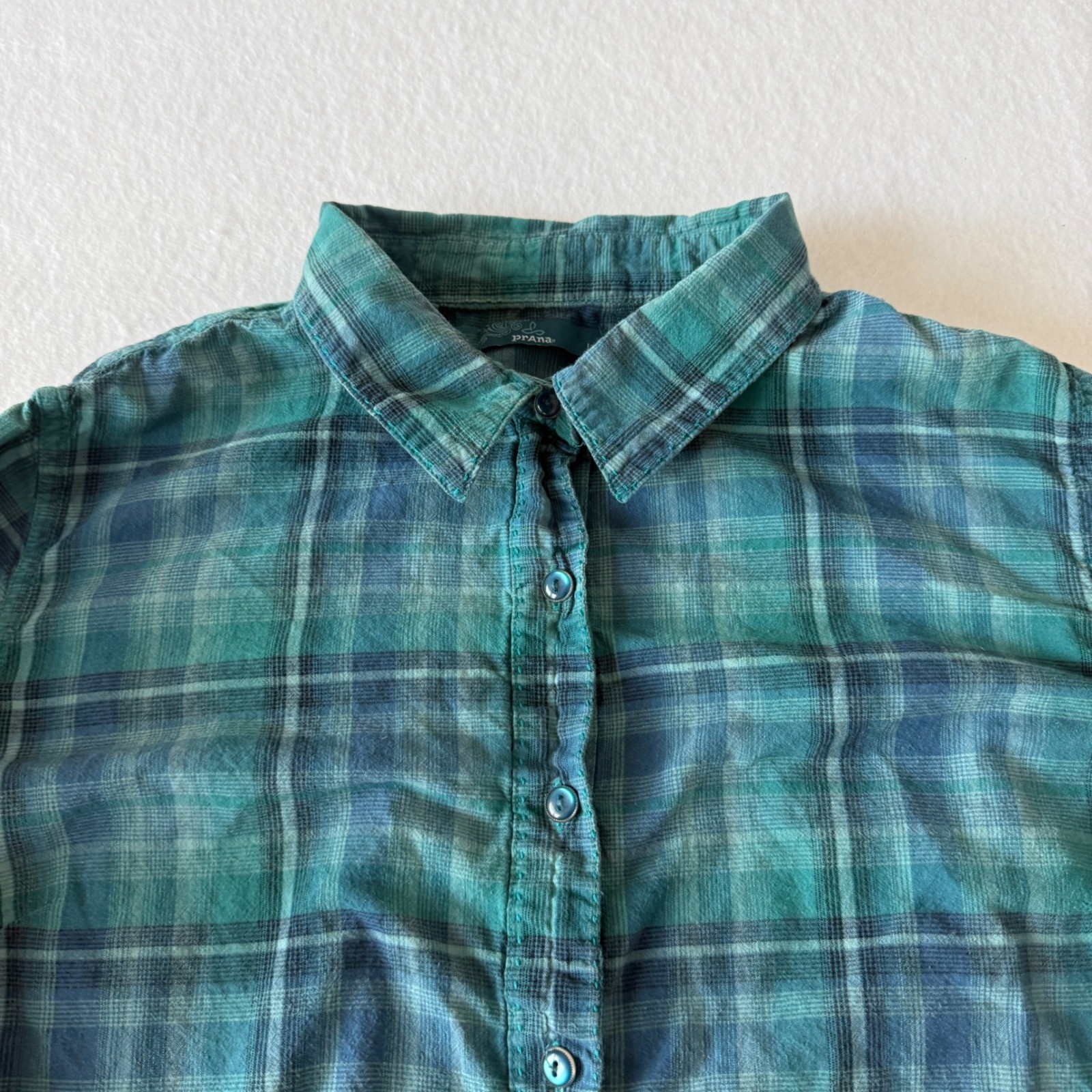 Prana Plaid Cotton Button Up Shirt Womens L Teal Green