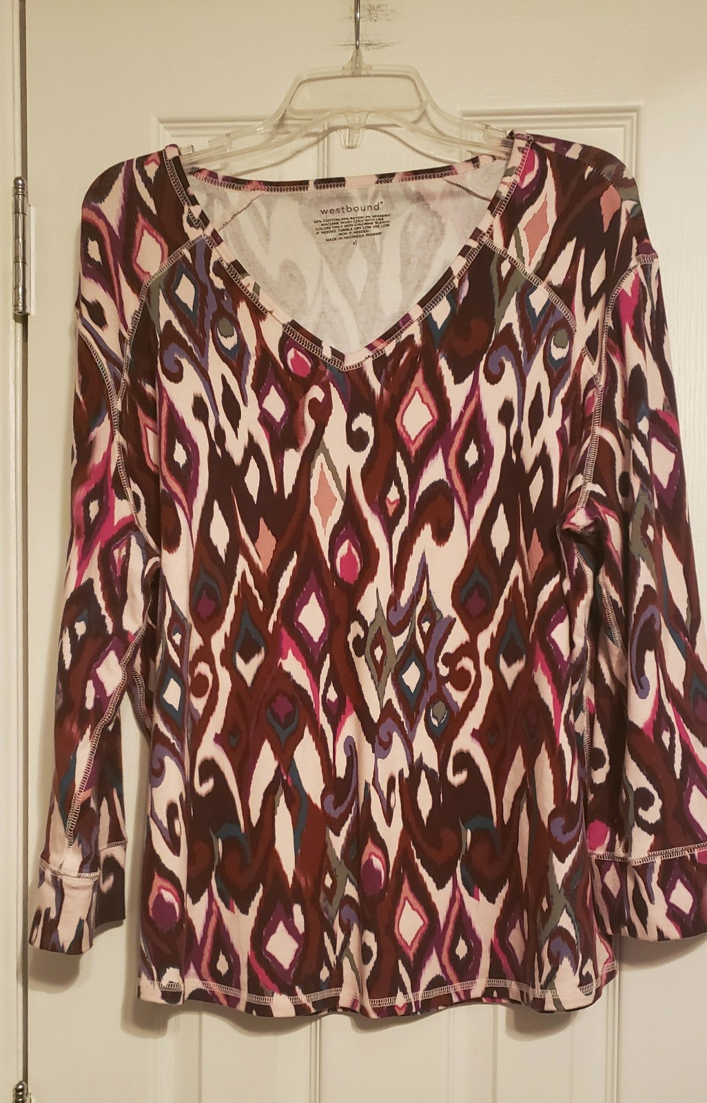 Westbound Burgundy Multi-Color Peacock Print Long Sleeve Tunic – Size XL