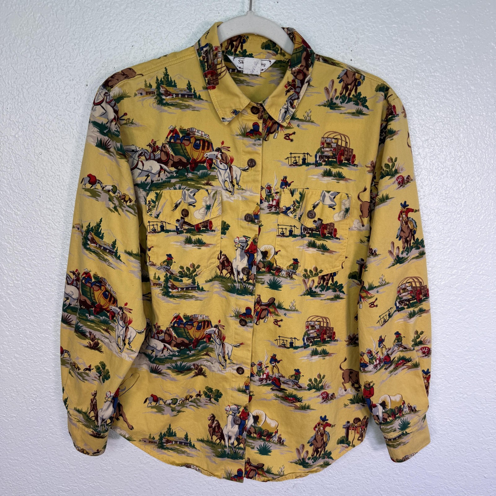 Vintage Sharon Young Shirt Womens 8 Western Cowboy Horse Print Button Up Cotton