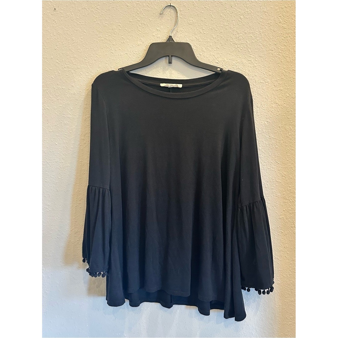 Johnny Was Calmé Black Bell-Sleeve Top with Pom Trim | Size Small
