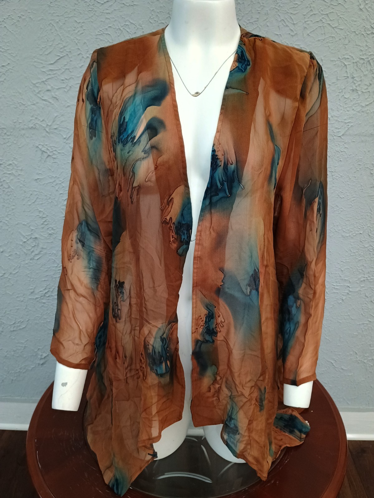 Galilee Silks Sz L Hand Painted Silk Open Blouse Brown Abstract Made in Israel