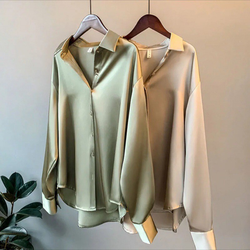 Lapel Buckles Autumn Button Up Satin Silk Shirt Vintage Blouse Women Lady Long