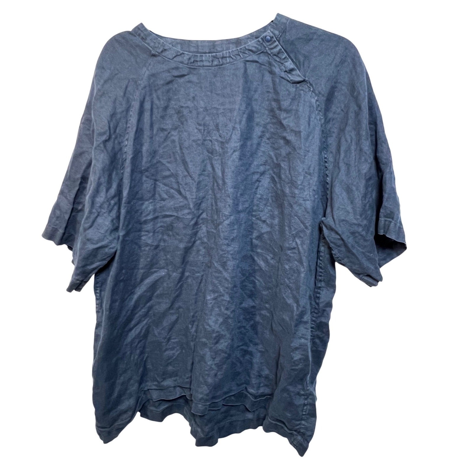 Navy Blue 100% Linen Short Sleeve Oversized Top with Snap Neck Detail