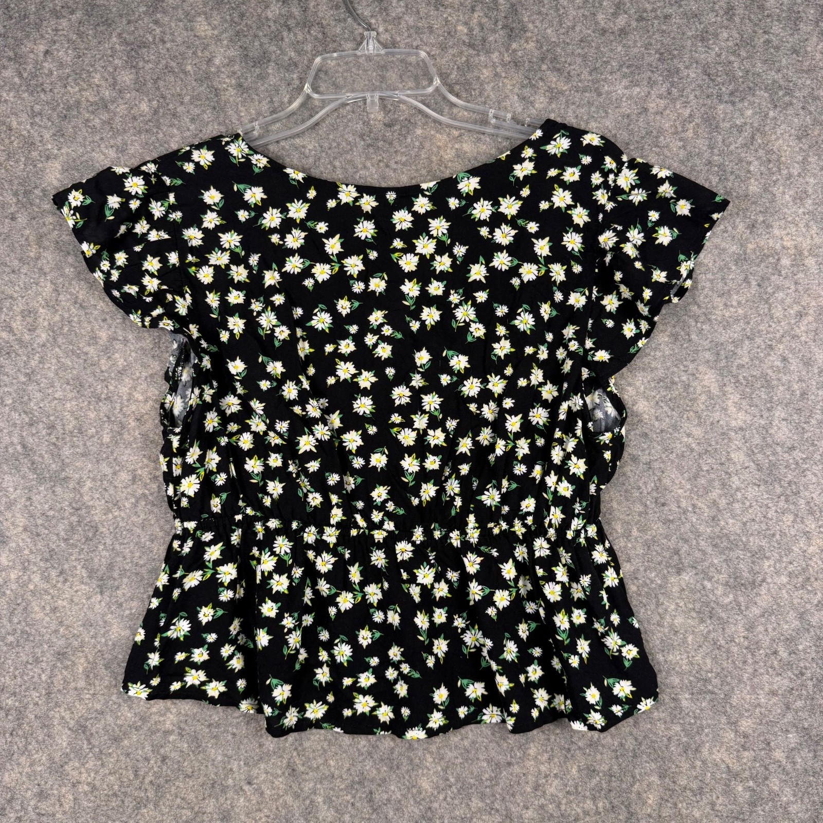 Front Tie Peplum Blouse Flutter Sleeve Black White Yellow Daisy Women Medium 035
