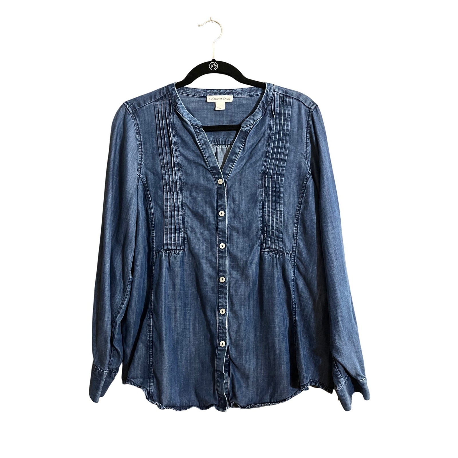 Coldwater Creek Blue Tencel Lyocell Pintuck Button Front Denim Blouse Medium