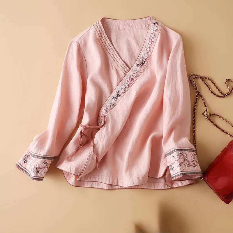 Lady Top Chinese Shirt Blouse Floral Hanfu Embroidery Floral Casual Ethnic Retro