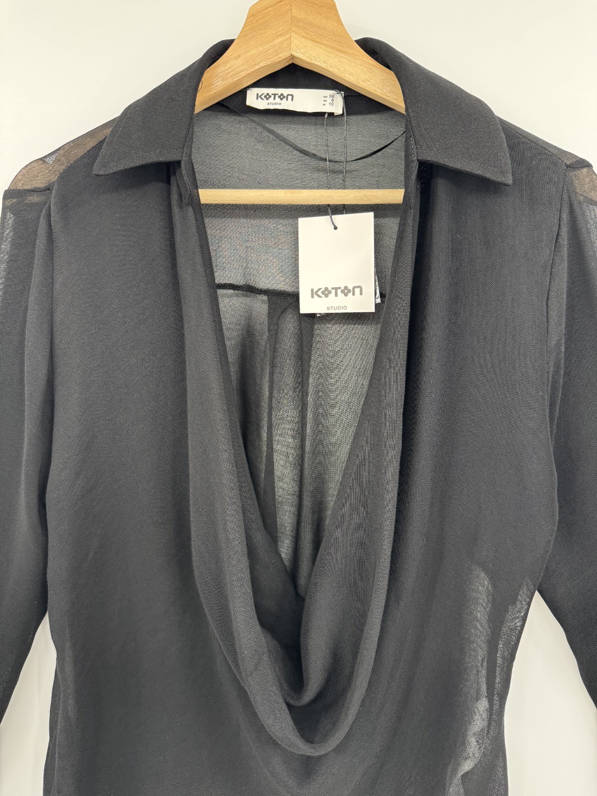NWT Koton Studio Sheer Black Cowl Neck Blouse Long Sleeve Draped Top EU38 US6