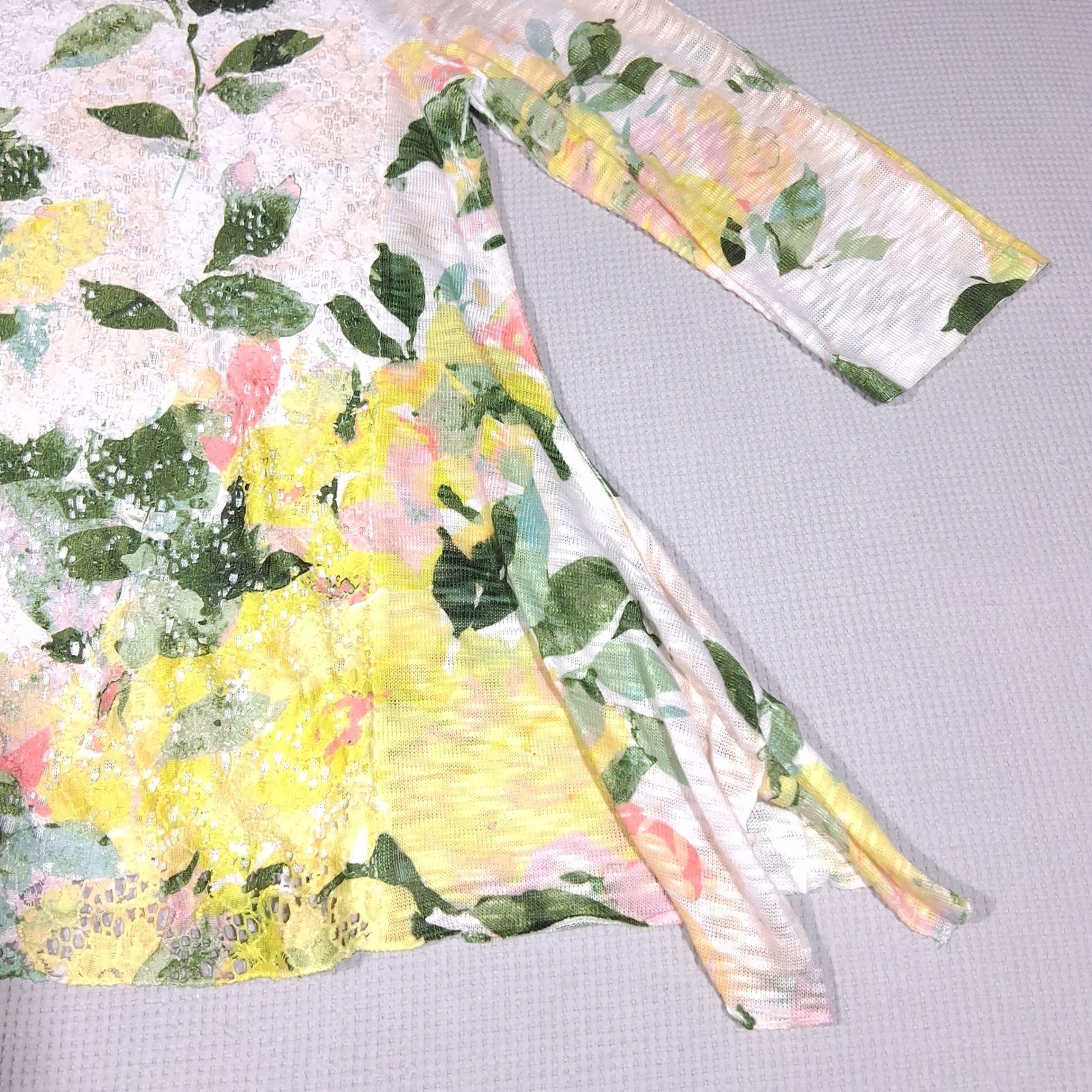 Melissa Paige Petite Floral Lace Yoke Ruffle Top Green Yellow Rose Cottagecore