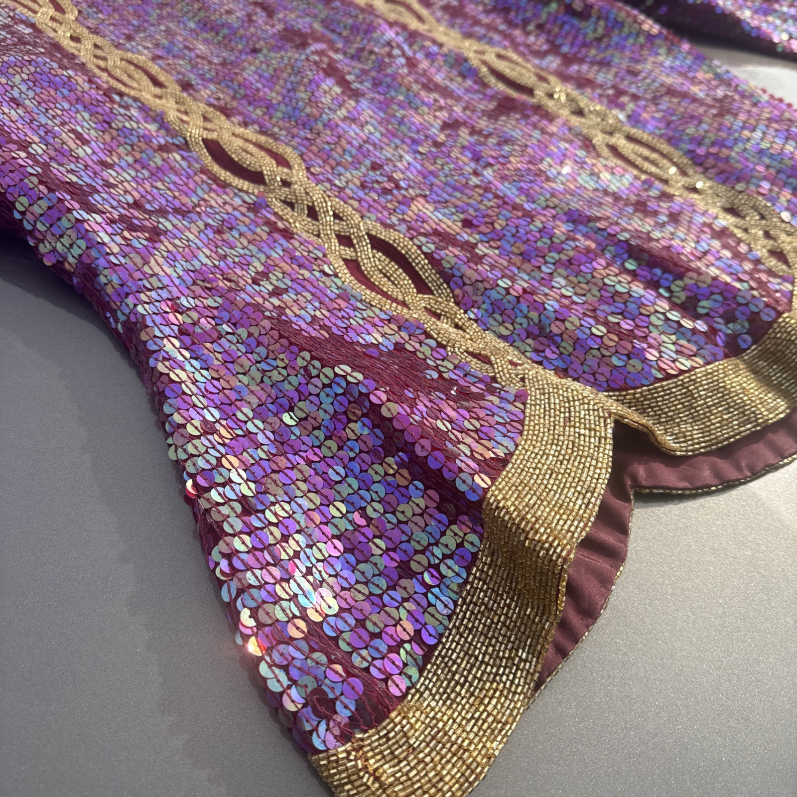 Joan Leslie Purple Gold Sequins Beaded Formal Long-Sleeve 100% Silk Top Size XL