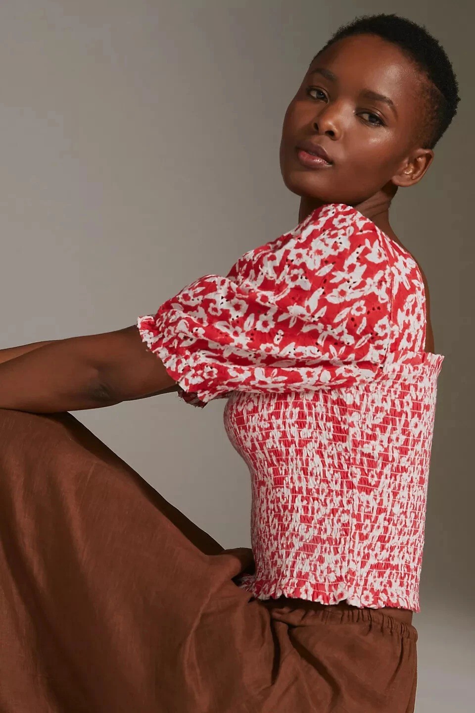 Anthropologie Smocked Eyelet Cropped Blouse Top Floral Embroidered XXS
