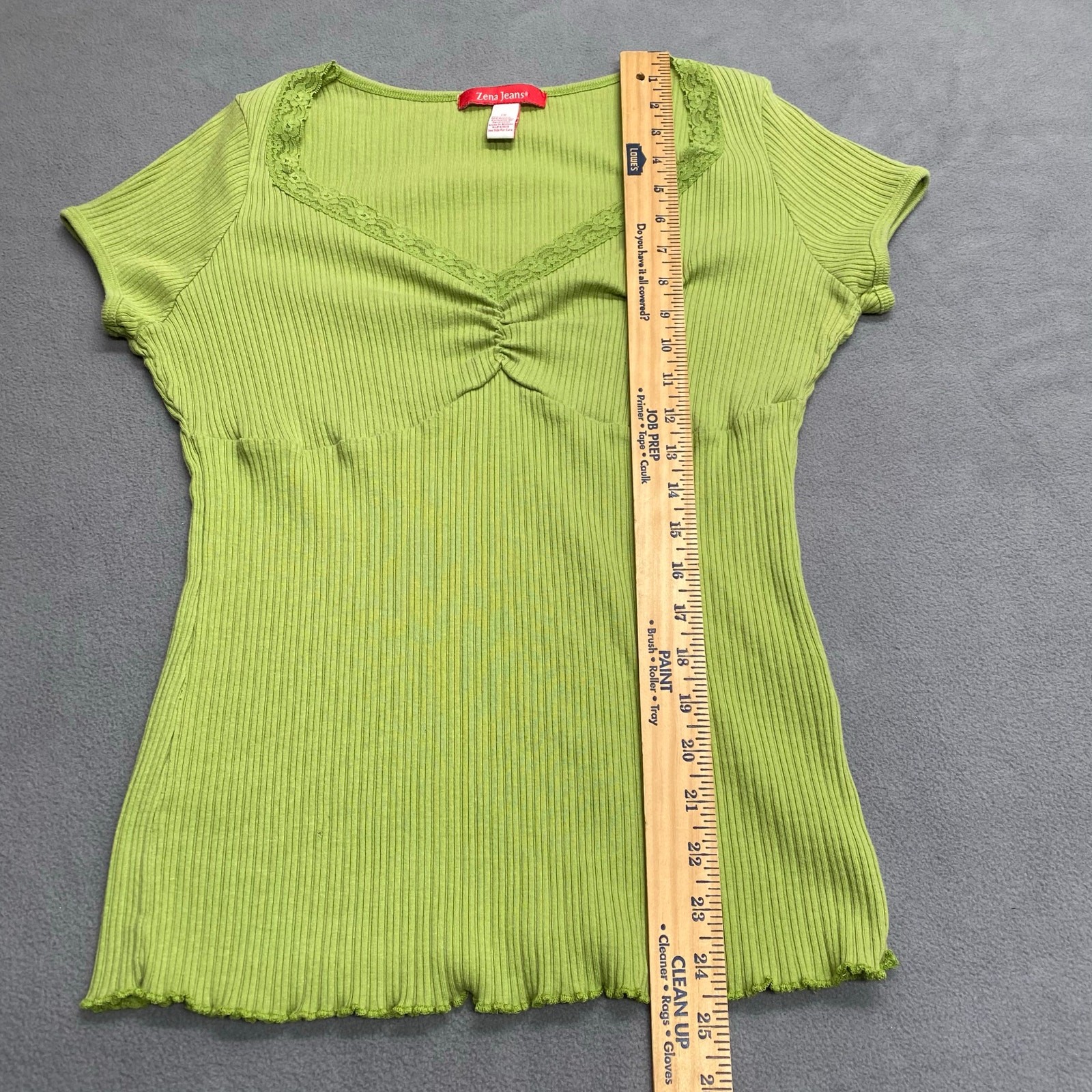 Vtg Y2K 00s Babydoll Jersey Knit Ruched Lace V Neck Lettuce Hem Top 1X LimeGreen