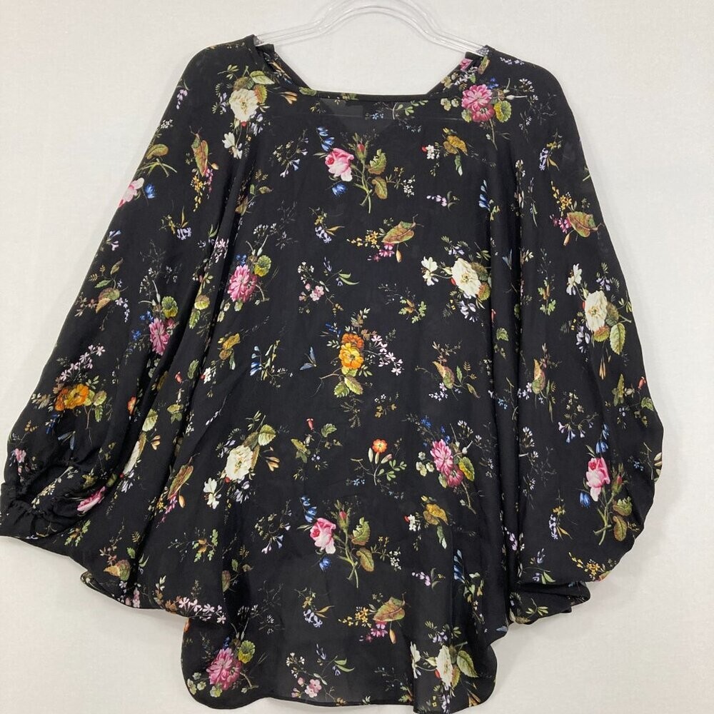 ACROBAT Medium Dark Floral V Neck Dolman Sleeve Pure Silk Blouse Feminine