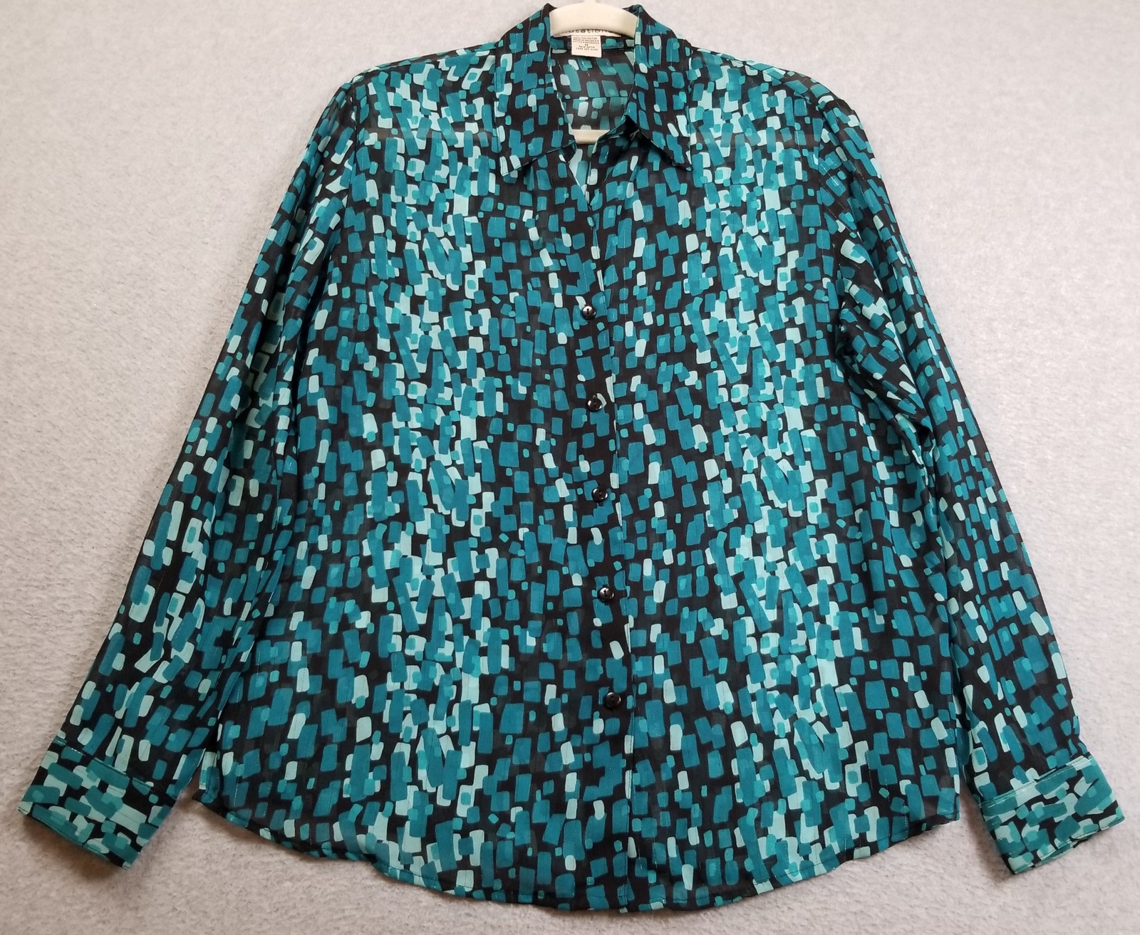 Notations Button Up Shirt Women’s Medium M Abstract Metallic Sheer Long Sleeves