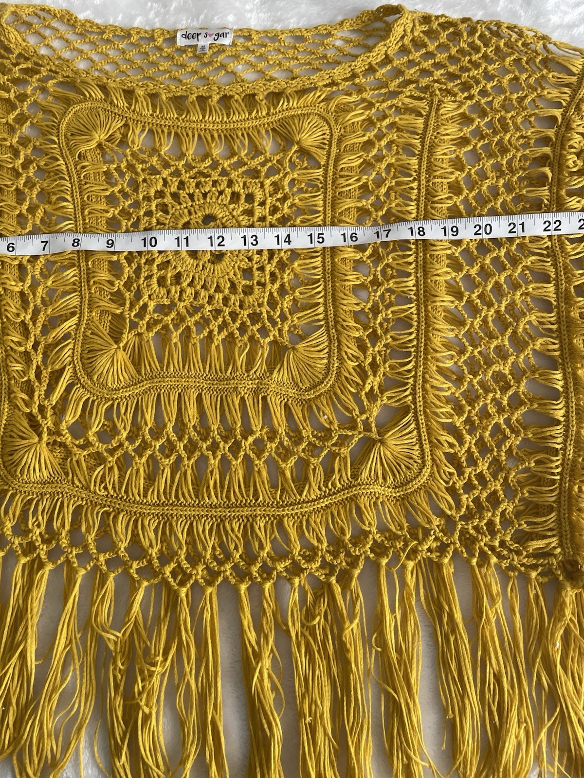 Deep sugar Crochet Mustard Fringe Poncho Cover Up Boho Festival Beach Medium