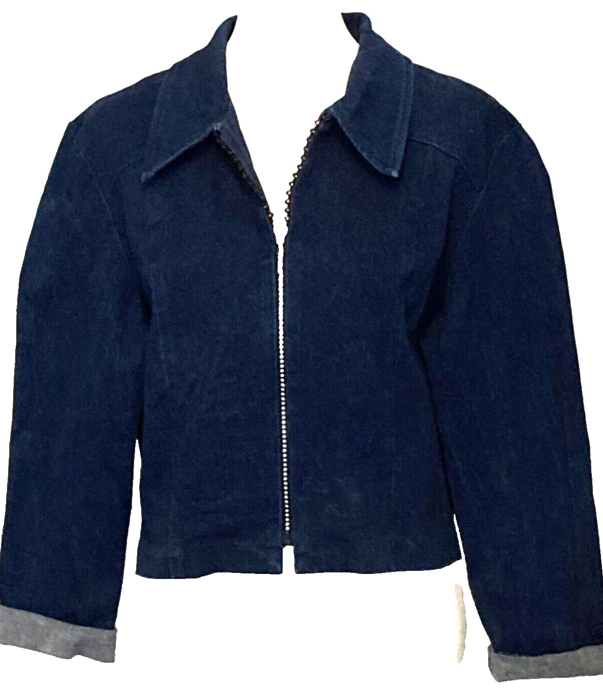 Krazy Larry Womens Denim Jacket Crystal Studded Zipper sz. L Smart Preppy Bling!