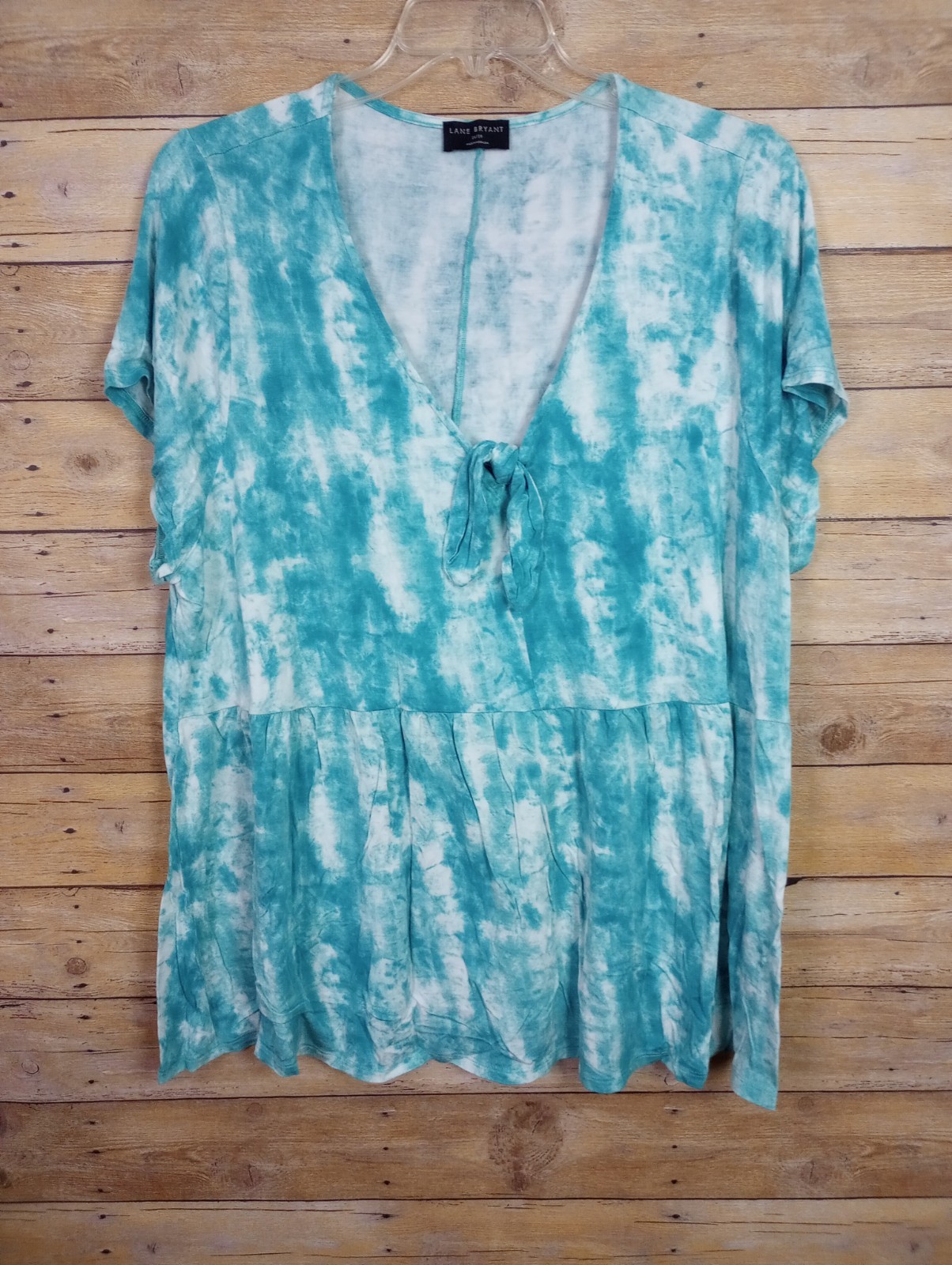Lane Bryant Women Shirt 26/28 Blue White Tie Dye Babydoll V-Neck Short Sleeve