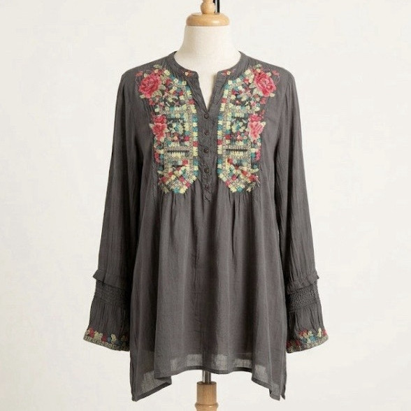Johnny Was Gray Floral Embroidered V-Neck Long Sleeve Tunic Blouse L