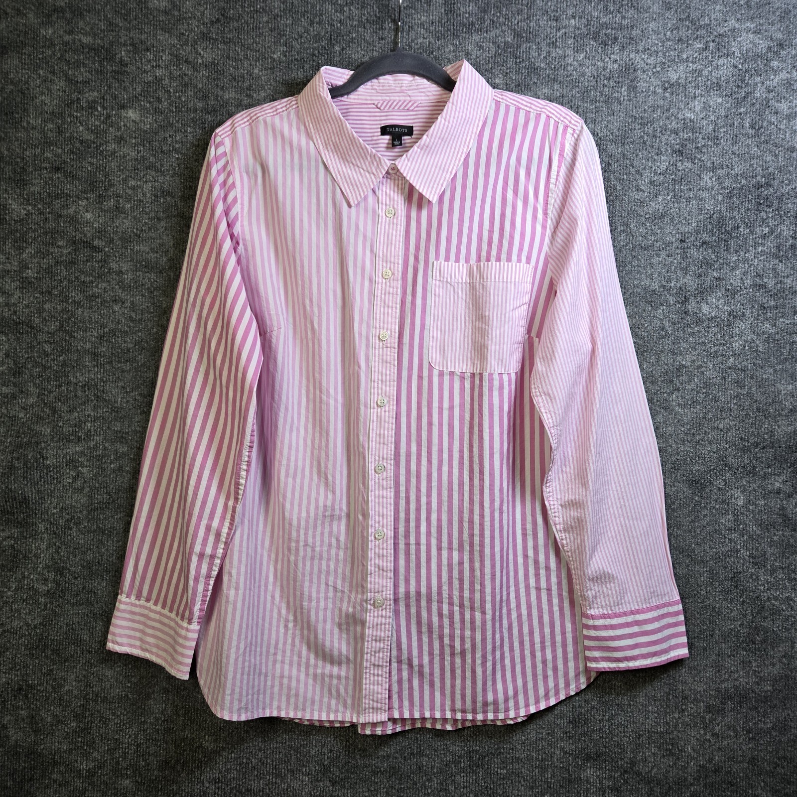 Talbots Top Womens L Pink White Mixed Print Candy Stripe Button Up Beach Playful