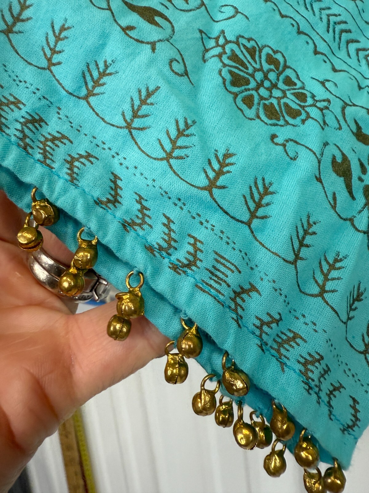 Boho Hippie Top S India Cotton Ombre Geen Blue bells on sleeve v neck