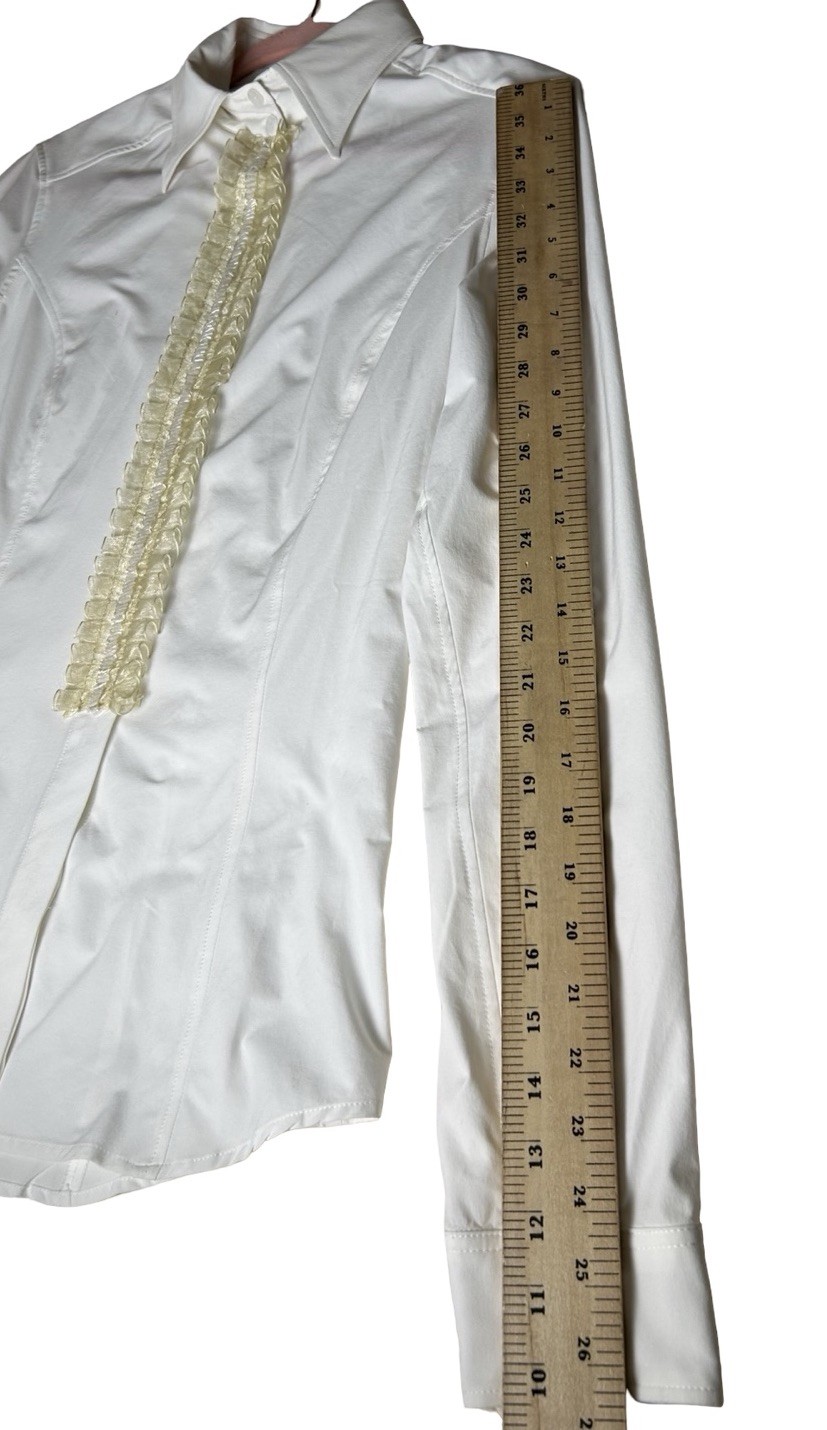 VTG Vertigo Paris Ruffle Front Button Up Blouse Sz L (M) White Long Sleeve READ