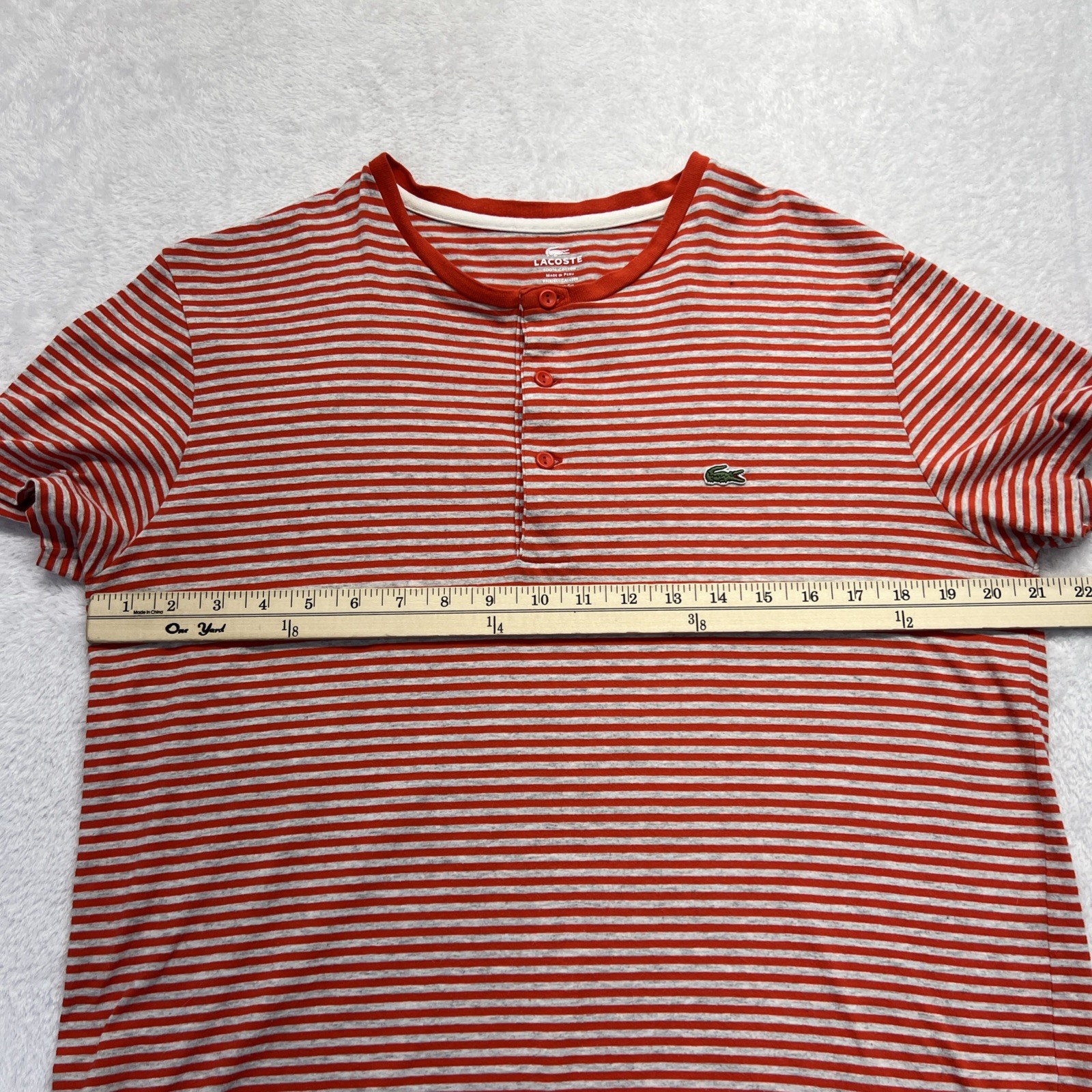 Lacoste 3 Button Crew Neck Short Sleeve Pullover Size 5 Red Gray Stripe Reg. Fit
