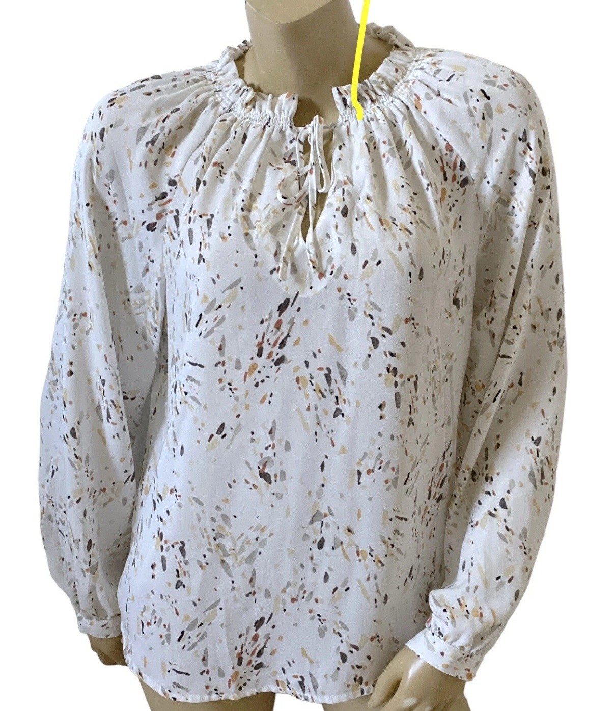 A New Day Blouse S White Multicolor Print Long Sleeve Ruffle Neck Keyhole Boho