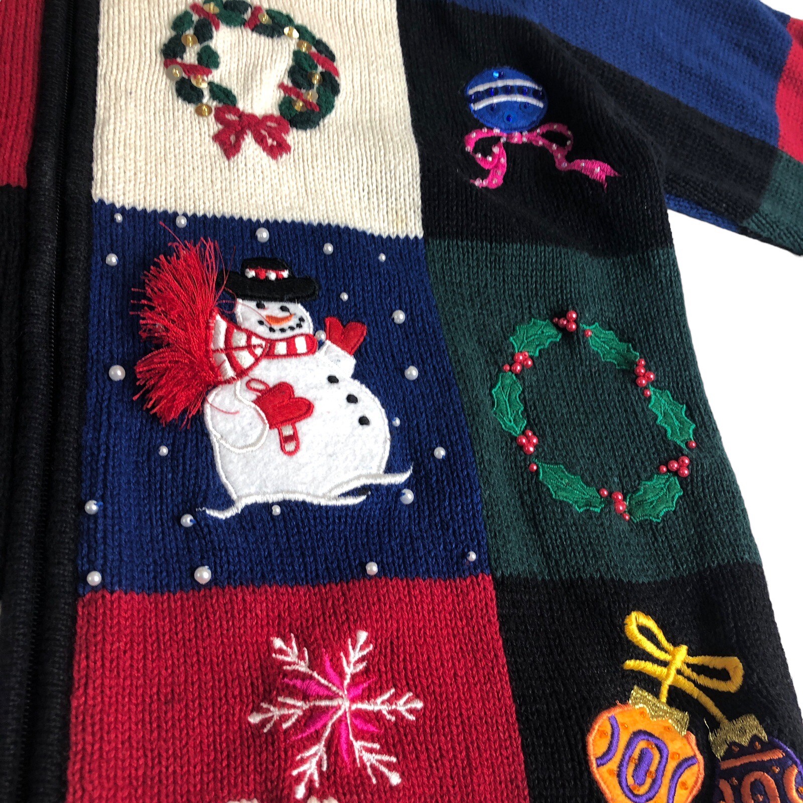 Vintage Dressbarn Christmas Cardigan Sweater Women L Knit Patchwork Sequin Zip